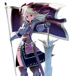 Rule 34 | 1girl, armor, banner, blue eyes, cowboy shot, greatsword, greaves, green hair, high collar, highres, huge weapon, knight, kouno (masao), long hair, looking at viewer, original, pauldrons, sheath, sheathed, shoulder armor, simple background, solo, standing, sword, weapon, white background, wind