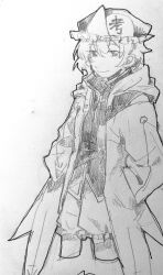 Rule 34 | 1other, aaayamitsu, absurdres, androgynous, chinese commentary, closed mouth, coat, commentary request, cowboy shot, cropped legs, detached hood, frilled shorts, frills, graphite (medium), greyscale, hands in pockets, hat, highres, hood, hood down, len&#039;en, long sleeves, mob cap, monochrome, open clothes, open coat, other focus, shirt, shitodo kuroji, short hair, shorts, simple background, sketch, smile, solo, traditional media, triangular headpiece, white background