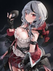 Rule 34 | 1girl, absurdres, belt, black belt, black gloves, black jacket, bow, breasts, camisole, cleavage, eye mask, fingerless gloves, garter straps, gloves, grey hair, highres, holding, holding mask, hololive, hood, hood down, hooded jacket, jacket, kaguya (srx61800), large breasts, long hair, looking at viewer, mask, miniskirt, multicolored hair, plaid, plaid bow, plaid skirt, red eyes, red nails, red skirt, sakamata chloe, skirt, solo, streaked hair, virtual youtuber, wavy hair, white camisole