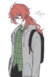 Rule 34 | 1boy, absurdres, backpack, bag, closed mouth, diluc (genshin impact), genshin impact, glasses, green shirt, hair between eyes, highres, hood, hoodie, jacket, kkopoli, korean text, long hair, long sleeves, male focus, ponytail, red eyes, red hair, shirt, simple background, translation request, white background