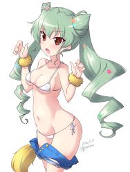 Rule 34 | 1girl, anchovy (girls und panzer), artist name, bikini, blue shorts, blush, breasts, brown eyes, cameltoe, clothes pull, collarbone, cone hair bun, covered erect nipples, dated, drill hair, fang, female focus, frown, girls und panzer, green hair, groin, hair bun, hair ornament, highres, kuzuryuu kennosuke, long hair, looking at viewer, medium breasts, navel, one-hour drawing challenge, open mouth, scrunchie, shiny skin, short shorts, shorts, shorts pull, side-tie bikini bottom, simple background, skindentation, solo, star (symbol), star hair ornament, swimsuit, twin drills, twintails, white background, white bikini, wrist scrunchie