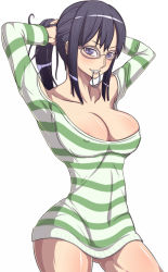 Rule 34 | 1girl, adjusting hair, areola slip, arms up, bare shoulders, black hair, blue eyes, bottomless, breasts, cleavage, collarbone, covered erect nipples, cowboy shot, dress, female focus, glasses, hairband, large breasts, long sleeves, looking at viewer, mouth hold, nico robin, nico robin (strong world), one piece, one piece: strong world, parted lips, rasen kyuuri, shiny skin, short dress, simple background, solo, striped clothes, striped dress, striped sweater, sweater, sweater dress, thick thighs, thighs, white background