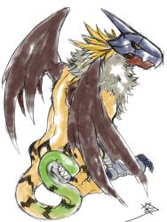 Rule 34 | artist request, claws, digimon, digimon (creature), full body, griffomon, griffon, helmet, looking at viewer, looking back, multiple heads, sharp teeth, sitting, snake tail, solo, tail, teeth, wings, yellow eyes