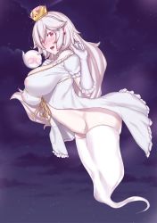 Rule 34 | 1girl, ass, aster crowley, bare shoulders, blush, boo (mario), breasts, cleavage, collar, covered erect nipples, covering face, crown, dress, earrings, fang, floating, frilled collar, frilled dress, frills, from side, full-face blush, ghost, ghost tail, gloves, hand on own chest, highres, inverted nipples, jewelry, large breasts, lens flare, long hair, looking at viewer, low-cut, luigi&#039;s mansion, mario (series), mini crown, new super mario bros. u deluxe, night, night sky, nintendo, no panties, open mouth, pale skin, princess king boo, purple eyes, ribbon, see-through, sky, star (sky), super crown, thighhighs, very long hair, white dress, white gloves, white hair, white thighhighs