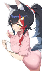 Rule 34 | 1girl, absurdres, animal ear fluff, animal ears, black hair, blush, breasts, clipboard, hair between eyes, hair ornament, hairclip, highres, hiroikara (smhong04), hololive, kouhaku nawa, long hair, looking at viewer, medium breasts, multicolored hair, nurse, ookami mio, open mouth, pen, ponytail, red hair, rope, shimenawa, simple background, solo, streaked hair, tail, virtual youtuber, white background, wolf ears, wolf girl, wolf tail, yellow eyes