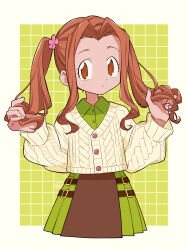 1girl brown_hair cardigan cowboy_shot digimon digimon_adventure fujihana_(mugenpixel) green_background green_shirt green_skirt highres long_hair pleated_skirt shirt simple_background skirt solo tachikawa_mimi twintails yellow_cardigan