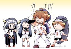 Rule 34 | 0 0, 1boy, 4girls, :d, ^ ^, admiral (kancolle), ahoge, alternate costume, bare shoulders, carrying, claws, closed eyes, closed mouth, cosplay, detached sleeves, closed eyes, flying sweatdrops, gloves, haruna (kancolle), hat, headgear, heart, heart ahoge, herada mitsuru, hiei (kancolle), i-class destroyer, kantai collection, kirishima (kancolle), kongou (kancolle), long hair, long sleeves, military, military uniform, multiple girls, open mouth, peaked cap, piggyback, re-class battleship, re-class battleship (cosplay), seaport hime (cosplay), seaport princess, short hair, short sleeves, sleeves rolled up, smile, translation request, uniform, white gloves, wo-class aircraft carrier, wo-class aircraft carrier (cosplay)