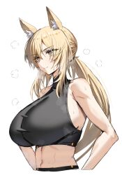 Rule 34 | 1girl, alternate costume, animal ear fluff, animal ears, arknights, bare arms, bare shoulders, blonde hair, breasts, commentary request, crop top, heavy breathing, highres, horn/wood, horse ears, horse girl, large breasts, looking ahead, midriff, nearl (arknights), ponytail, simple background, slit pupils, solo, upper body, white background, yellow eyes