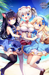 Rule 34 | 3girls, :d, animal ear fluff, animal ears, apron, bag, bare shoulders, bear ears, beret, black hair, black legwear, black ribbon, blonde hair, blue apron, blue bow, blue eyes, blue footwear, blue headwear, blue shirt, blue skirt, blue vest, blush, bow, breasts, brown footwear, cat ears, cat girl, cat tail, cleavage, closed mouth, collarbone, commentary request, day, dress, fang, frilled apron, frilled legwear, frills, hair between eyes, hair bow, hair ornament, hair ribbon, hairclip, hat, highres, holding hands, interlocked fingers, large breasts, loafers, long hair, multiple girls, open mouth, original, outdoors, parted lips, pleated skirt, puffy short sleeves, puffy sleeves, purple apron, purple eyes, red dress, red ribbon, ribbon, sasai saji, shirt, shoes, short sleeves, shoulder bag, silver hair, skirt, sleeveless, sleeveless shirt, smile, socks, star (symbol), star hair ornament, tail, thighhighs, twintails, very long hair, vest, waist apron, white apron, white bow, white legwear, white shirt, white skirt, wrist cuffs, x hair ornament