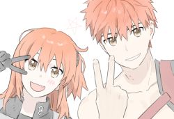 Rule 34 | 1boy, 1girl, blush stickers, cczyjs, close-up, emiya shirou, fang, fate/grand order, fate (series), fujimaru ritsuka (female), fujimaru ritsuka (female) (polar chaldea uniform), grin, limited/zero over, looking at viewer, open mouth, orange hair, polar chaldea uniform, senji muramasa (fate), side ponytail, simple background, smile, star (symbol), v, white background, yellow eyes