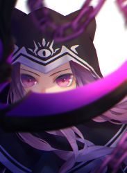Rule 34 | 1girl, blurry, blurry foreground, chain, fate/grand order, fate (series), floating hair, highres, hood, hood up, long hair, looking at viewer, medusa (fate), medusa (lancer) (fate), medusa (rider) (fate), purple eyes, purple hair, rider, solo, upper body, yuurei447