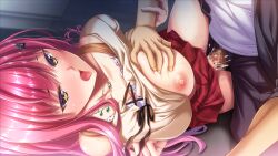 Rule 34 | 1girl, aphrodisiac -megami no yokubou-, blush, grabbing another&#039;s breast, breasts, censored, clothed sex, cum, cum in pussy, embarrassed, eyebrows hidden by hair, from above, game cg, grabbing, green eyes, himeno ruruna, large breasts, legs, long hair, lying, missionary, mosaic censoring, nipples, no panties, one breast out, open mouth, original, penis, pussy, red hair, sex, skirt, teeta j, thighs, vaginal