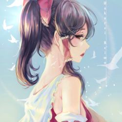 Rule 34 | 1girl, ascot, bare shoulders, bird, black hair, blue sky, bow, breasts, brown ascot, brown eyes, character name, closed mouth, collared dress, commentary request, detached sleeves, dress, flying, frills, hair between eyes, hair bow, hair ornament, hair tubes, hakurei reimu, highres, kyogoku-uru, long sleeves, looking at viewer, pink bow, ponytail, red dress, short hair, sky, small breasts, solo, standing, touhou, upper body, wide sleeves, wings