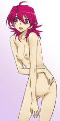 Rule 34 | 1girl, :d, ahoge, breasts, collarbone, contrapposto, crossed arms, groin, michael f91, navel, nipples, no pussy, nude, open mouth, original, pink background, purple background, red eyes, red hair, simple background, small breasts, smile, solo, standing, stomach