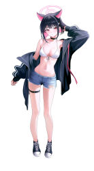 1girl absurdres animal_ears black_hair black_jacket blue_archive blush bra cat_choker cat_ears choker colored_inner_animal_ears colored_inner_hair denim denim_shorts extra_ears full_body halo highres jacket kazusa_(blue_archive) kottungyang looking_at_viewer multicolored_hair navel pink_hair pink_halo red_eyes shoes short_hair short_shorts shorts sneakers solo underwear upper_body white_background white_bra