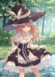 Rule 34 | 1girl, alternate eye color, apron, blonde hair, blue eyes, blush, braid, cleavage cutout, clothes lift, clothing cutout, dress, dress lift, frills, fukahire (ruinon), hat, hat ribbon, kirisame marisa, long hair, looking at viewer, nature, open mouth, partially submerged, puffy sleeves, ribbon, sample watermark, short sleeves, side braid, single braid, smile, solo, standing, touhou, tree, tree shade, wading, waist apron, water, watermark, witch hat, wrist cuffs