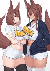 Rule 34 | abs, animal ear fluff, animal ears, asymmetrical docking, baseball uniform, black choker, black legwear, black nails, blue jacket, breast lift, breast press, breasts, brown hair, choker, crop top, crossed arms, eye contact, fox ears, fox girl, fox tail, franham, hair between eyes, hair ornament, hands in pockets, high ponytail, highres, jacket, large breasts, long hair, long sleeves, looking at another, midriff, mole, mole under mouth, nail polish, navel, open clothes, open jacket, open mouth, original, parted lips, ponytail, shirt, short hair, short shorts, short sleeves, shorts, siblings, sisters, smug, sportswear, tail, thighhighs, thighs, v-shaped eyebrows, white legwear, white shirt, white shorts, x hair ornament
