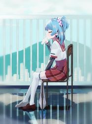 Rule 34 | 1girl, blue hair, brown footwear, chair, closed eyes, earrings, eating, food, from side, heart, heart earrings, jewelry, layered sleeves, loafers, long sleeves, magia record: mahou shoujo madoka magica gaiden, mahou shoujo madoka magica, minami rena, miniskirt, on chair, plaid, plaid skirt, profile, railing, red sailor collar, red skirt, rooftop, sailor collar, sandwich, school uniform, serafuku, shirt, shoes, short over long sleeves, short sleeves, sitting, skirt, solo, thighhighs, two side up, viroa, white shirt, white thighhighs