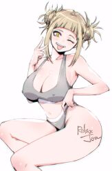 Rule 34 | 1girl, artist name, bare shoulders, blonde hair, blunt bangs, body writing, boku no hero academia, breasts, collarbone, commentary, covered erect nipples, double bun, english commentary, grey sports bra, hair bun, hand up, invisible chair, large breasts, looking at viewer, messy hair, one eye closed, relaxjon, simple background, sitting, solo, sports bra, teeth, thighs, toga himiko, tongue, upper teeth only, v, white background, yellow eyes