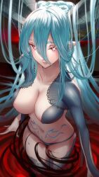 Rule 34 | 1girl, blue hair, breasts, cleavage, fate/grand order, fate (series), highres, horns, large breasts, long hair, pointy ears, solo, somebody (leiking00), stomach tattoo, tattoo, tiamat (fate), very long hair