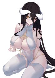 Rule 34 | 1girl, absurdres, albedo (overlord), arm behind back, bare arms, bare shoulders, black hair, breasts, cleavage, closed mouth, commentary request, covered erect nipples, cross-laced clothes, curled horns, demon girl, demon horns, dot nose, dress, feet, hair between eyes, highres, horns, large breasts, legs folded, long hair, looking at viewer, lordfrog, overlord (maruyama), seiza, shadow, simple background, sitting, slit pupils, smile, solo, thighhighs, thighs, very long hair, white background, white dress, white thighhighs, yellow eyes