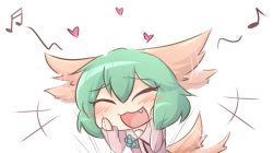 Rule 34 | +++, 1girl, :3, :d, animal ears, blush, closed eyes, ear wiggle, fang, green hair, hand on own cheek, hand on own face, heart, kasodani kyouko, musical note, open mouth, simple background, smile, solo, tail, tail wagging, touhou, white background, wool (miwol)