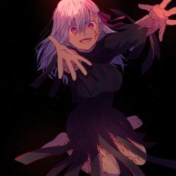 Rule 34 | 1girl, barefoot, black background, body markings, creat (kuribeni), fate/stay night, fate (series), hair ribbon, heaven&#039;s feel, highres, kneeling, long hair, looking at viewer, matou sakura, outstretched hand, red eyes, ribbon, simple background, smile, solo, white hair