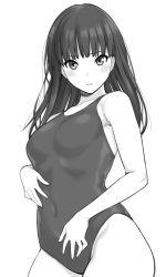 Rule 34 | 1girl, amagami, ayatsuji tsukasa, blunt bangs, competition swimsuit, covered navel, cowboy shot, greyscale, long hair, looking at viewer, monochrome, one-piece swimsuit, parted lips, shouji nigou, solo, swimsuit
