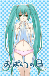 Rule 34 | 1girl, aqua eyes, aqua hair, bad id, bad pixiv id, clothes in mouth, clothes lift, dress, dress in mouth, dress lift, hatsune miku, long hair, mouth hold, nakajima kotoko, navel, panties, skirt, skirt in mouth, skirt lift, solo, twintails, underwear, very long hair, vocaloid