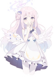 Rule 34 | 1girl, angel wings, blue archive, blush, breasts, closed mouth, cowboy shot, cram960, cropped legs, dress, feathered wings, flower, frilled dress, frills, hair bun, hair flower, hair ornament, halo, highres, long hair, looking at viewer, medium breasts, mika (blue archive), pantyhose, pink hair, pink halo, purple flower, simple background, single side bun, sleeveless, sleeveless dress, solo, white background, white dress, white pantyhose, white wings, wings, yellow eyes