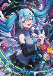 Rule 34 | 1girl, ;d, black skirt, blue eyes, blue hair, blue nails, blush, boots, breasts, detached sleeves, feathered wings, flower, grey shirt, hair between eyes, hair ornament, hairclip, hatsune miku, highres, holding, holding flower, holding microphone, long hair, looking at viewer, microphone, miniskirt, nail polish, one eye closed, open mouth, pink flower, pink rose, piroshiki (piroshiki13), pleated skirt, print skirt, rose, shirt, skirt, small breasts, smile, solo, teeth, thigh boots, twintails, upper teeth only, very long hair, vocaloid, white flower, white wings, wide sleeves, wings, yellow flower