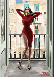 Rule 34 | 1girl, absurdres, aliasartworks, arms up, balcony, black hair, boa hancock, brown eyes, building, collared dress, commentary, dress, earrings, english commentary, eyelashes, full body, hand in own hair, high heels, highres, hime cut, jewelry, long hair, long sleeves, looking up, one piece, red dress, side slit, solo, turtleneck, turtleneck dress