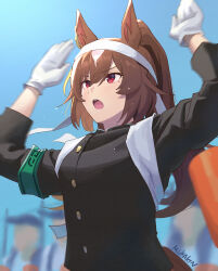 Rule 34 | 1girl, alternate costume, alternate hairstyle, animal ears, armband, arms up, artist name, black jacket, blue sky, blush, brown hair, commentary request, gloves, hair between eyes, highres, horse ears, horse girl, horse tail, jacket, long sleeves, motion blur, mukakin, multicolored hair, open mouth, outdoors, ponytail, red eyes, sirius symboli (umamusume), sky, solo, streaked hair, tail, umamusume, upper body, white gloves, white hair