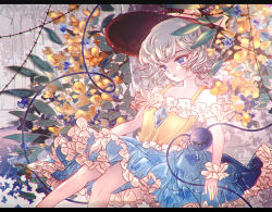 Rule 34 | 1girl, alternate costume, barbed wire, bare shoulders, blue eyes, bow, closed mouth, commentary request, dress, floral print, flower, frilled dress, frills, hat, hat bow, komeiji koishi, leaf, letterboxed, majamari, short hair, solo, sparkle, third eye, touhou, yellow flower