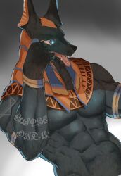 Rule 34 | 1boy, abs, absurdres, animal ears, animal head, anubis (mythology), arm tattoo, bara, black skin, colored skin, dougaku (passionpit777), dutch angle, egyptian, egyptian mythology, furry, furry male, highres, jackal boy, jackal ears, jackal tail, large pectorals, male focus, muscular, muscular male, navel, no nipples, pectorals, piercing, solo, stomach, tattoo, tongue, tongue out, tongue piercing, upper body