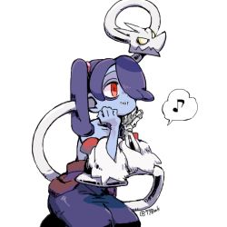 Rule 34 | 1girl, 770mk, bare shoulders, blue hair, blue skin, bone, colored skin, detached collar, detached sleeves, hair over one eye, leviathan (skullgirls), monster girl, musical note, parasite, red eyes, skeleton, skullgirls, smile, squigly (skullgirls), stitched mouth, stitches, yellow eyes, zombie