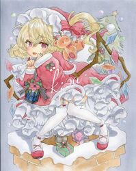 Rule 34 | 1girl, absurdres, alternate costume, artist name, blonde hair, box, cape, capelet, christmas tree, fangs, fingernails, flandre scarlet, flower, frilled headwear, frilled thighhighs, frills, full body, fur-trimmed capelet, fur-trimmed footwear, fur-trimmed sleeves, fur trim, garter straps, gift, gift box, grey background, hair between eyes, hat, highres, kisarush, looking at viewer, medium hair, multicolored wings, nail polish, one side up, open mouth, painting (medium), red cape, red eyes, red flower, red footwear, red nails, santa costume, santa hat, sharp fingernails, simple background, sleeves past wrists, solo, thighhighs, touhou, traditional media, watercolor (medium), white thighhighs, wings