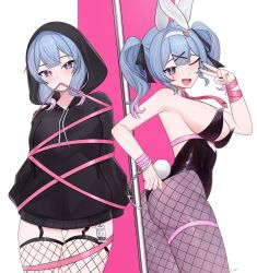 Rule 34 | animal ears, ass, bare arms, bare shoulders, black hoodie, black leotard, blue eyes, blue hair, blush, bound, bow, bowtie, breasts, clothing cutout, collarbone, commentary, cuffs, detached collar, fake animal ears, fake tail, fishnet pantyhose, fishnet thighhighs, fishnets, garter straps, gluteal fold, hair ornament, handcuffs, hatsune miku, heart, heart cutout, heart hair ornament, highres, hood, hood up, hoodie, kissyun, large breasts, leotard, mouth hold, multicolored hair, navel cutout, necktie, one eye closed, open mouth, pantyhose, pink bow, pink bowtie, pink hair, pink necktie, pink pupils, pink ribbon, playboy bunny, pole, price tag, rabbit ears, rabbit hole (vocaloid), rabbit tail, restrained, ribbon, ribbon in mouth, smile, streaked hair, stripper pole, symbol-only commentary, tail, teardrop facial mark, teeth, thighhighs, tied up (nonsexual), twintails, upper teeth only, v, vocaloid, x hair ornament