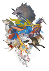 Rule 34 | amaterasu (ookami), angel wings, armband, blue eyes, commentary, creatures (company), crossover, dagger, dark souls (series), dark souls i, diamond dog, dog, english commentary, fangs, game freak, gen 8 pokemon, great grey wolf sif, greatsword, highres, hylian shield, knife, koromaru (persona), kunai, leash, legendary pokemon, link, markings, master sword, metal gear (series), metal gear solid v: the phantom pain, mouth hold, multiple crossover, nintendo, ookami (game), persona, persona 3, pokemon, pokemon (creature), repede (tales), revision, sandara, shield, shield on back, simple background, smile, sword, tail, tales of (series), tales of vesperia, the legend of zelda, the legend of zelda: twilight princess, trait connection, vest, weapon, white background, wings, wolf, wolf link, yellow eyes, zacian, zacian (crowned)