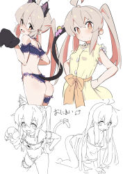 Rule 34 | 1girl, ahoge, all fours, animal ears, ass, bow, cat ears, cat lingerie, cat tail, commentary, dress, hands on own hips, highres, loose clothes, loose shirt, meme attire, multicolored hair, multiple views, ocha (popopogg), onii-chan wa oshimai!, oyama mahiro, shirt, sleeveless, sleeveless dress, tail, translated, twintails, yellow bow, yellow dress