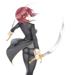 Rule 34 | 1girl, ass, bad id, bad pixiv id, breasts, cle masahiro, drill hair, dual wielding, holding, leticia velazquez, looking at viewer, looking back, ochikobore no ryuugoroshi, pants, red hair, simple background, solo, sword, tight clothes, tight pants, weapon, white background