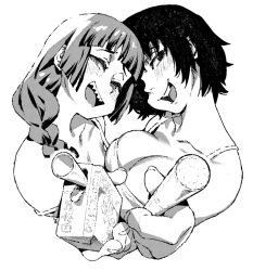 Rule 34 | 2girls, @ @, alcohol, black hair, bocchi the rock!, braid, breasts, chainsaw man, cleavage, crossover, drunk, eyepatch, from behind, greyscale, hair over shoulder, himeno (chainsaw man), hiroi kikuri, holding carton, ireading, large breasts, long hair, looking at viewer, monochrome, multiple girls, open mouth, ringed eyes, sake, alcohol carton, season connection, sharp teeth, short hair, single braid, smile, tank top, teeth, trait connection, white background