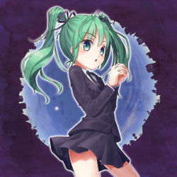 Rule 34 | 1girl, bad id, bad pixiv id, cityscape, fisheye, formal, green eyes, green hair, hair ribbon, hatsune miku, interlocked fingers, matching hair/eyes, necktie, own hands clasped, own hands together, ribbon, saihate (vocaloid), skirt, sky, solo, tears, twintails, umeboshitora, vocaloid