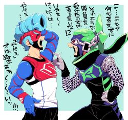 Rule 34 | 2boys, arm behind head, arms (game), blue background, blue hair, chain, clenched hand, goggles, green hair, male focus, mask, multiple boys, nekobayashi (nekoforest), ninja, ninjara (arms), orange eyes, pointing, pompadour, ponytail, short hair, sideburns, simple background, sleeveless, spring man (arms), sweat, translation request, trembling, wristband