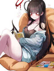 1girl antenna_hair black_hair blue_archive blue_jacket blunt_bangs book box breasts camisole cardboard_box cleavage cushion feet_out_of_frame halo heart highres holding holding_book jacket komena_(shinyday312) large_breasts loungewear reading red_eyes sitting smile solo thighs tsurugi_(blue_archive) white_background