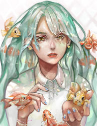 Rule 34 | 1girl, absurdres, alternate eye color, aqua hair, blue nails, bracelet, collared shirt, commentary, daily deviation, earrings, english commentary, fingernails, fish, goldfish, hands up, hatsune miku, highres, jewelry, light purple hair, lips, lipstick, liquid hair, long hair, makeup, nail polish, necklace, parted lips, red lips, shirt, simha, solo, vocaloid, white shirt, yellow eyes
