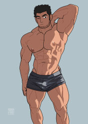 Rule 34 | 1boy, arm behind head, bara, beard stubble, black hair, boxers, bulge, facial hair, feet out of frame, grey male underwear, highres, large pectorals, lucas lee, male focus, male underwear, monmonhomon, muscular, muscular male, one eye closed, paid reward available, pectorals, scott pilgrim (series), scott pilgrim takes off, short hair, smile, solo, sparse stubble, standing, stubble, thick eyebrows, topless male, underwear