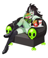 Rule 34 | 1girl, @ @, armpits, black eyes, black hair, blood, blood on face, bone, bone print, boots, brain, burger, colored skin, couch, crop top, crossed legs, cup, disposable cup, drawing tablet, drink, eating, fang, fast food, food, french fries, green skin, half-skirt, holding, holding food, kneehighs, koe 01 03, miniskirt, multicolored hair, nail polish, open mouth, original, patchwork skin, pleated skirt, scar, scar on leg, scar on neck, screentones, shirt, single kneehigh, single sock, sitting, skirt, skull, smile, socks, solo, stitches, torn clothes, torn shirt, torn skirt, tray, two-tone hair, v-shaped eyebrows, white hair