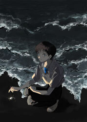 Rule 34 | 1boy, a12740807, absurdres, beach, black hair, black pants, blue eyes, blue shirt, blush, collared shirt, commentary, dark, fireworks, from above, from side, glowing, grey footwear, grey shirt, hand on own thigh, happy, highres, holding fireworks, ikari shinji, looking at viewer, looking to the side, looking up, male focus, neon genesis evangelion, ocean, outdoors, pants, parted lips, school uniform, shirt, short hair, short sleeves, smile, solo, sparkler, squatting, undershirt, water, waves