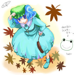 Rule 34 | 1girl, autumn leaves, backpack, bag, blue dress, blue eyes, blue hair, boots, collar, dress, falling leaves, female focus, flat cap, frog, from above, full body, hat, holding, kawashiro nitori, key, leaf, long sleeves, looking at viewer, looking up, matching hair/eyes, rubber boots, solo, standing, touhou, two side up